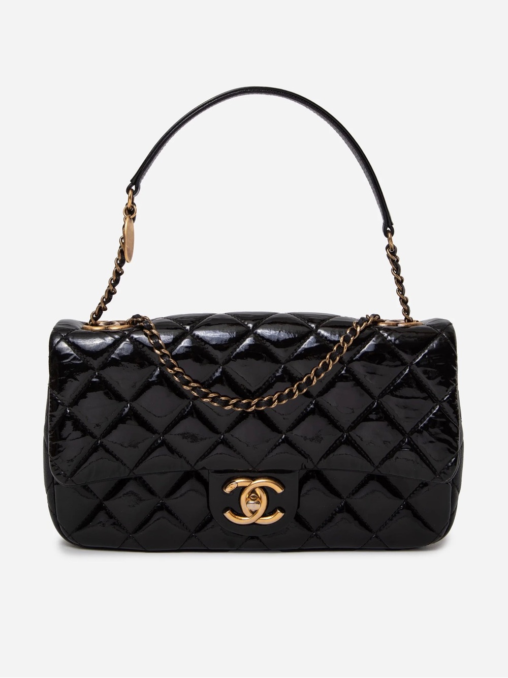Pre-Owned Chanel 2015-2016 Patent/Calfskin Flap Bag Black